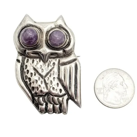 Large Mexican Sterling Silver Owl Brooch Taxco Purple Eyes 925 Artisan Bird Pin - Picture 8 of 11